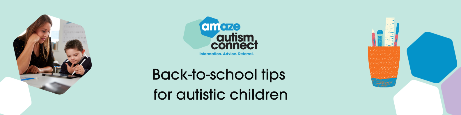 Image of a teacher and child in uniform. Text reads "Back to school tips for autistic children"