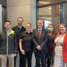 Pictured is members of the Australian Autism Alliance and Bill Shorten at Labor's policy announcement, from left to right: James Ong, Chris Varney, Katharine Annear, Bill Shorten, Nicole Rees, Chloë Polglaze