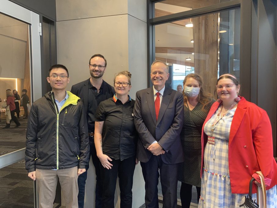 Pictured is members of the Australian Autism Alliance and Bill Shorten at Labor's policy announcement, from left to right: James Ong, Chris Varney, Katharine Annear, Bill Shorten, Nicole Rees, Chloë Polglaze