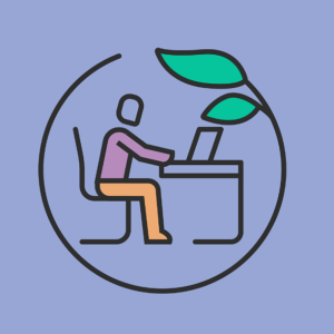 Graphic of person sitting at a desk on a laptop in a circle with leaves at the end