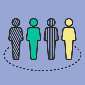 Graphic of four people standing in a line with different colours or line patterns surrounded by a semi-circle