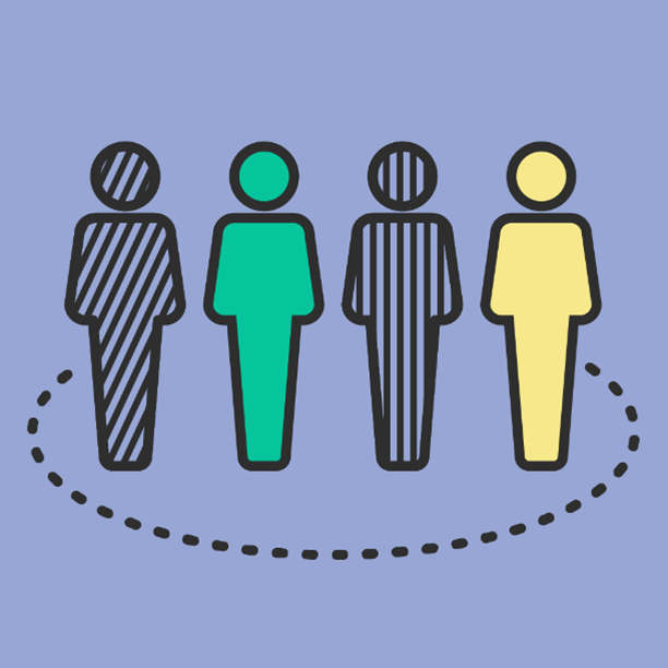 Graphic of four people standing in a line with different colours or line patterns surrounded by a semi-circle
