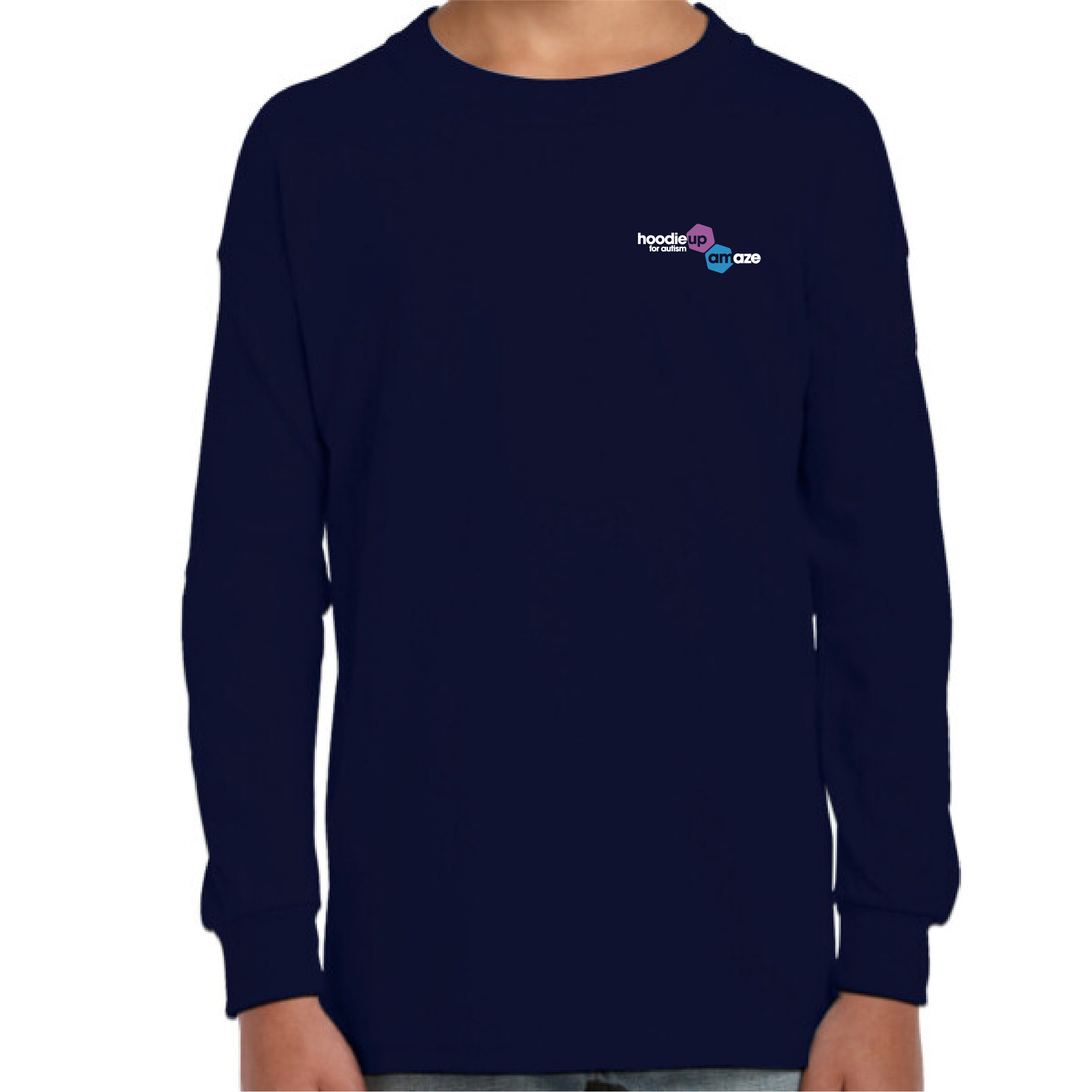 Navy kids long sleeve tee with hoodie up for autism logo
