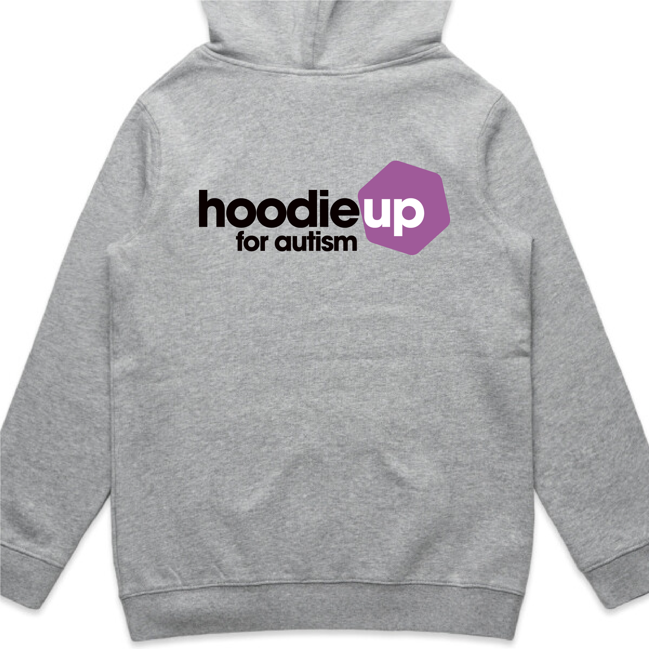 Grey hoodie up for autism logo on the back