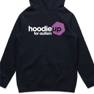 Navy pullover hoodie with hoodie up for autism logo