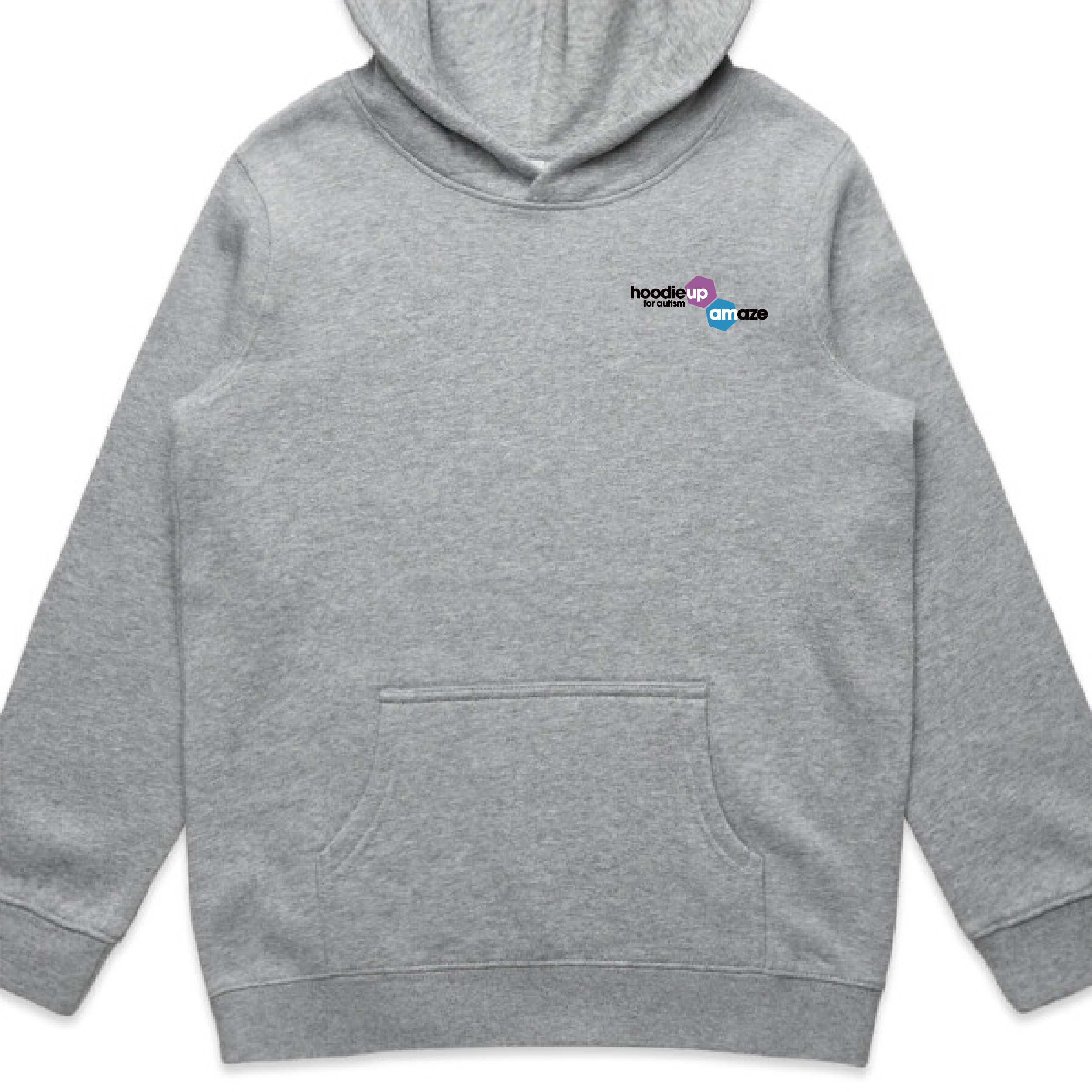 Grey pullover hoodie with hoodie up for autism logo on the front