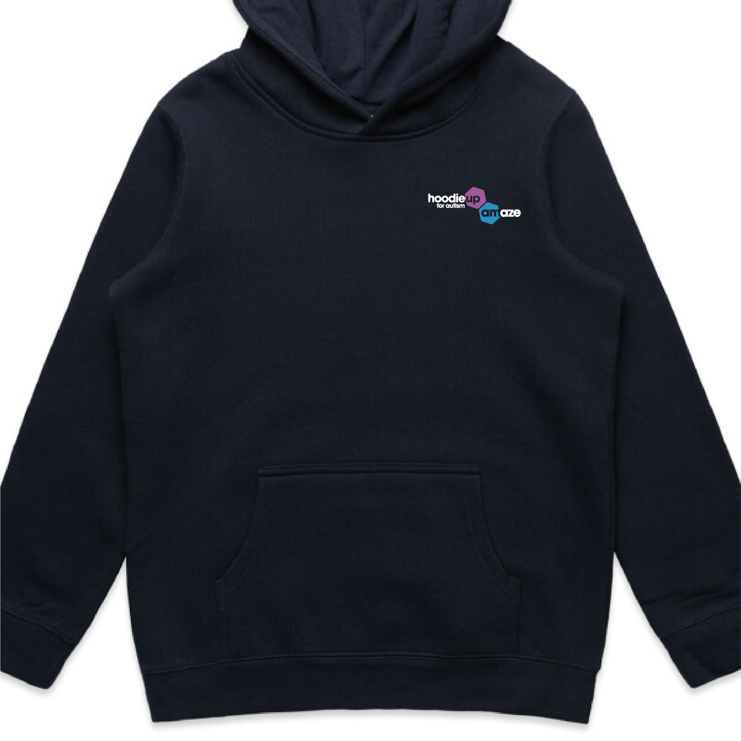 Navy kids pullover hoodie with hoodie up for autism logo on the front