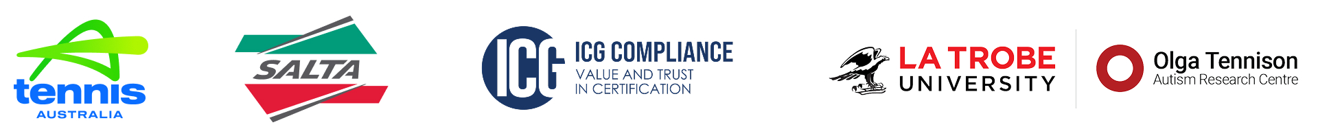 A row of four logos: Tennis Australia, SALTA, ICG Compliance, OTARC